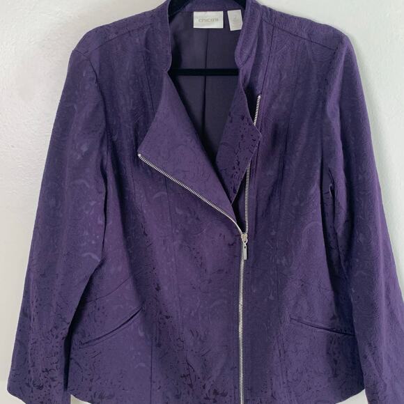 Chico's Size 2 US L Asymmetrical Zip Jacquard Jacket Eggplant Purple Lined - Picture 8 of 11